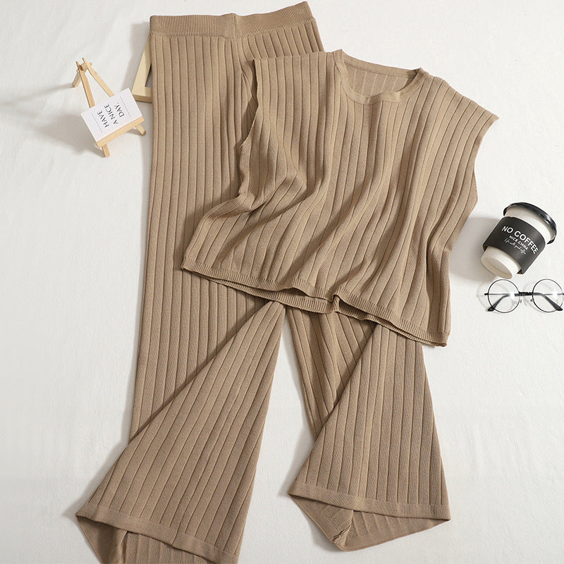 Knitting Suit Solid Color Sleeveless Vest High Waist Wide Leg Pants Two-piece Set