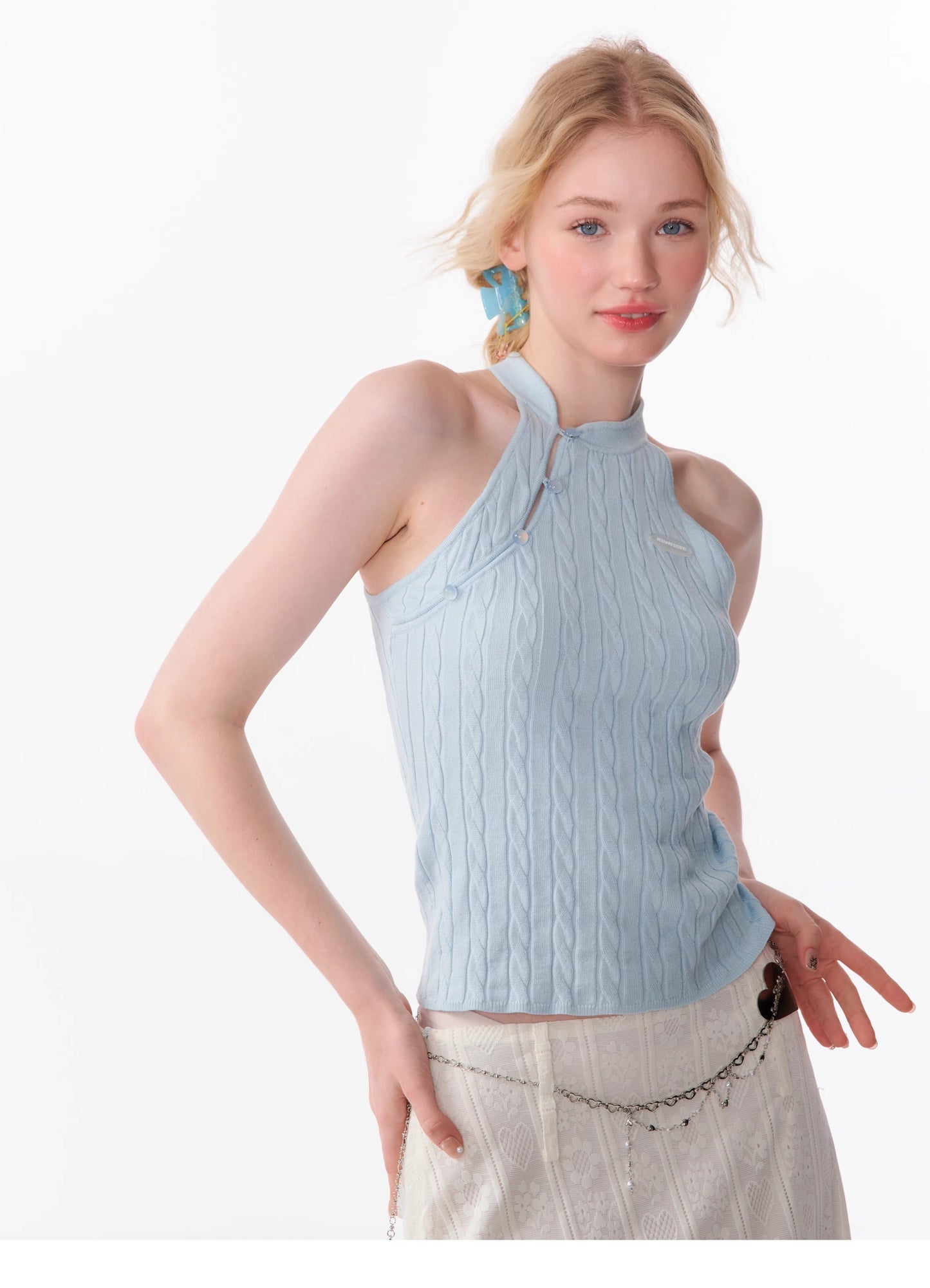 Sleeveless Top Oblique Placket Halter Knitted Vest