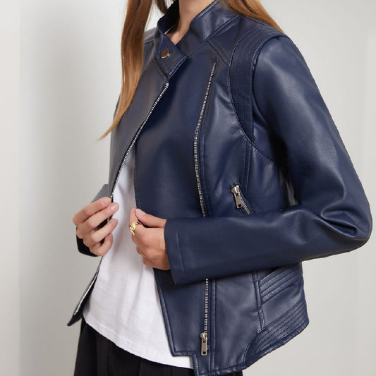 PU Lapel Women Slim-fit Leather Coat Women