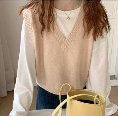 V Neck Knitted Vest Sweater Sleeveless Women Casual Pullover