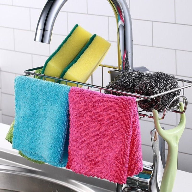 Supporto per lavandino regolabile, porta spugna, porta rubinetto, scola sapone, cestino, organizer, accessori per il bagno e la cucina