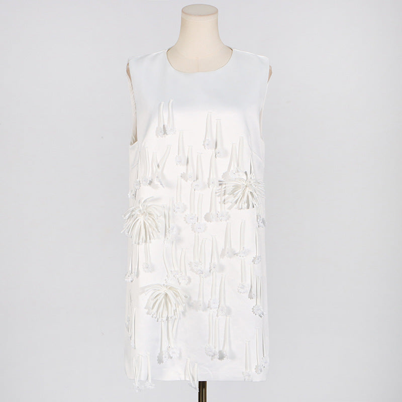 Round Neck Stitching Tassel Flower Design Sleeveless Dress