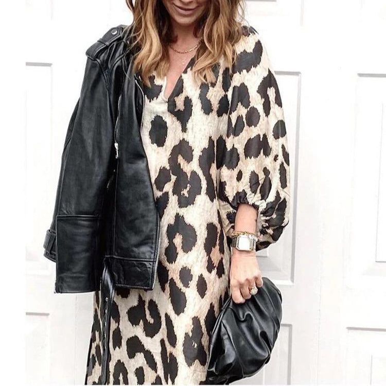 Long V-Neck Loose Balloon Sleeve Leopard Dress