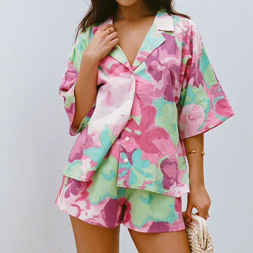 Summer Printed Short-sleeved Hot Pants Casual Suit