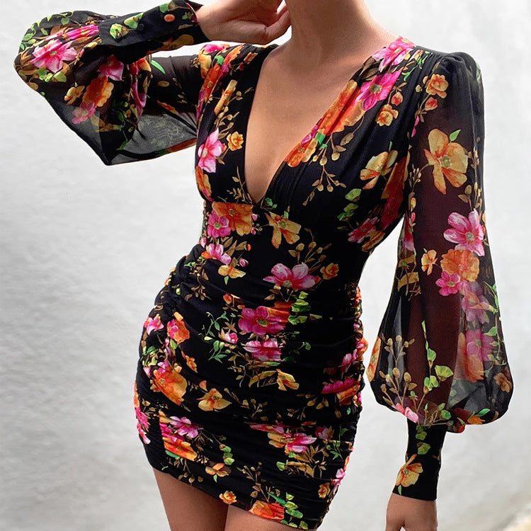 Printed V-neck Long Sleeve Hip Dress