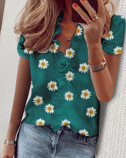 Ruffled Sleeveless Slim Print Shirt Women