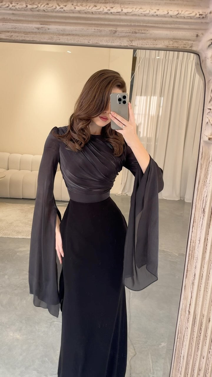 Glass Gauze Large Hem Sleeve Long Satin Slim Fit Dress