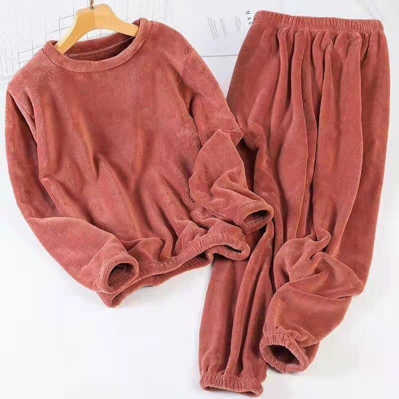 Coral Fleece Lined Padded Warm Keeping Women's Pajama Pants Suit