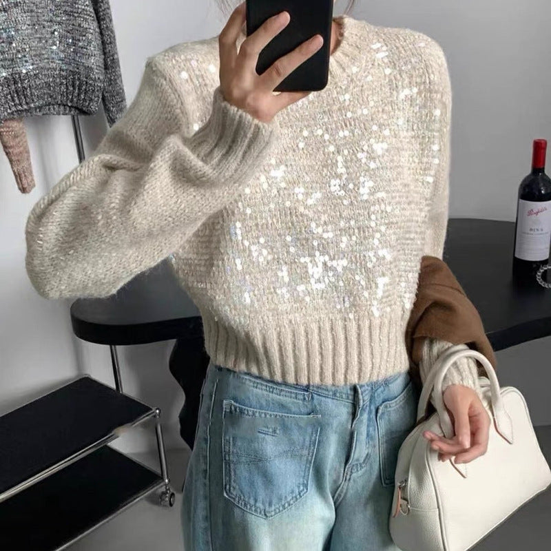 Korean Style O-neck Short Pullover Sequined Sweater