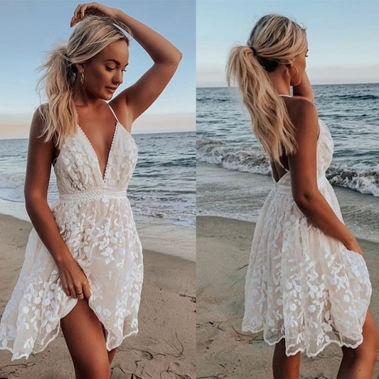 Lace long skirt V-neck back dress