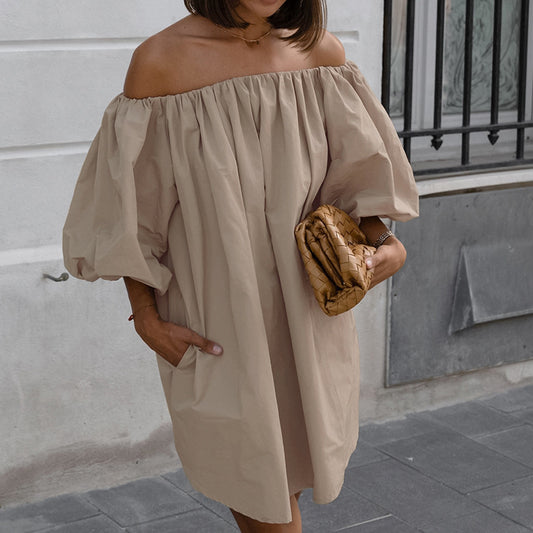 Off-the-shoulder Off-neck Puff Sleeve Pullover Dress