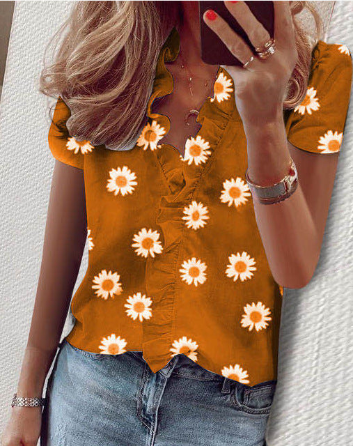 Ruffled Sleeveless Slim Print Shirt Women