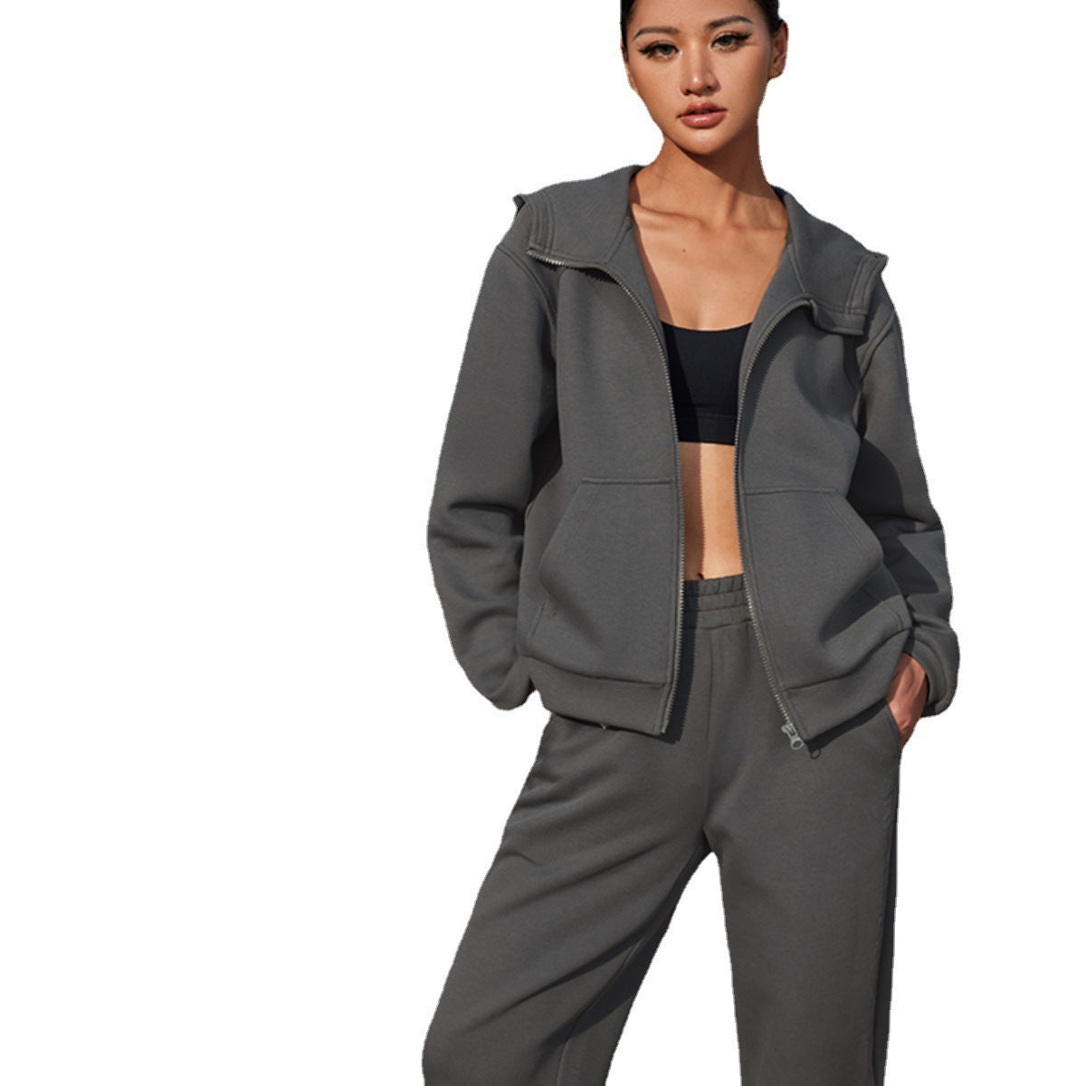 Women's Solid Color Hooded Long Sleeve Ankle-tied Suit