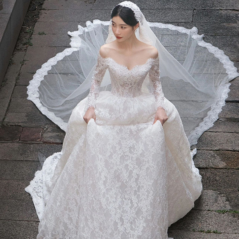 Off-shoulder Main Yarn Long Sleeve Trailing Lace Wedding Dress