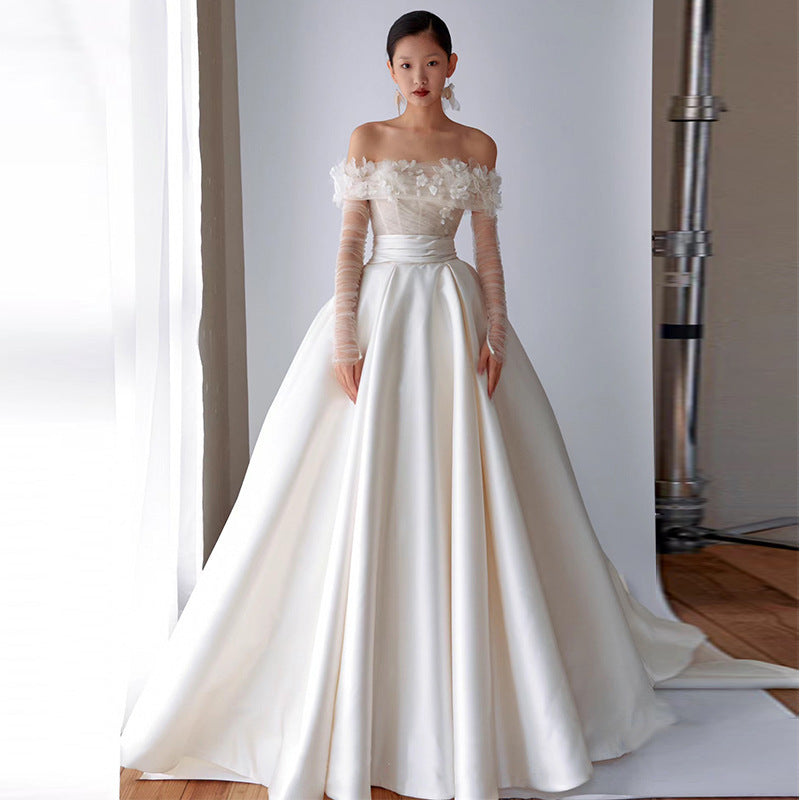 Super Fairy Mori Style Simple Graceful Off-shoulder Small Man's Main Wedding Dress