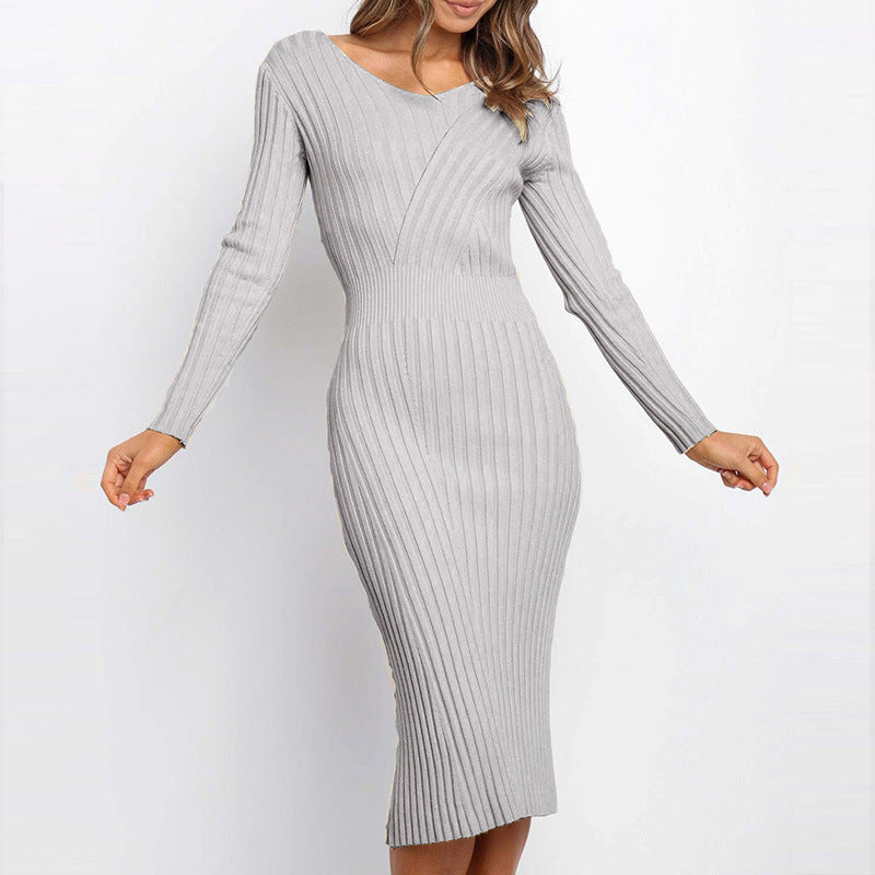 Women's stitching striped pencil skirt pure color elegant tight dress knit