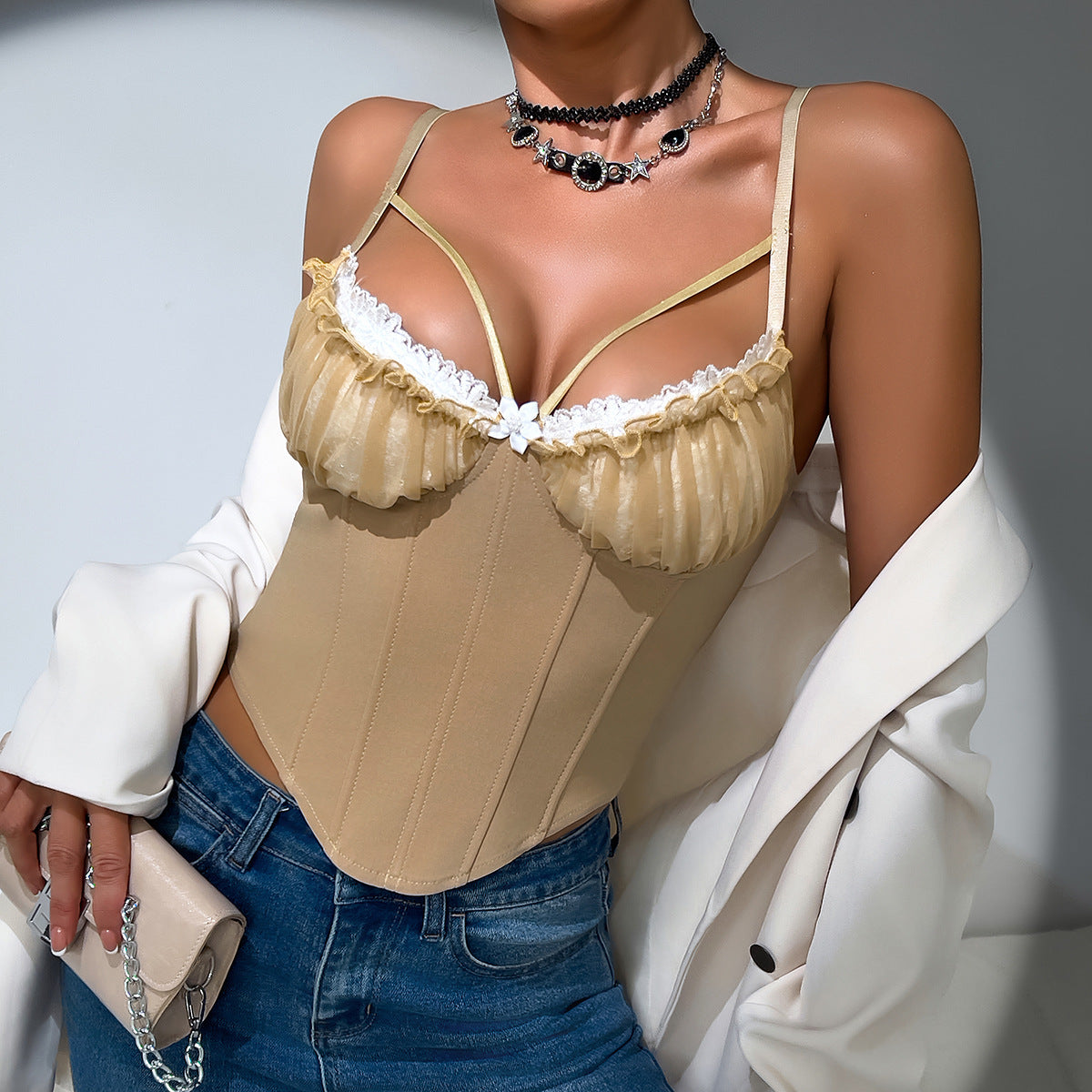 Sexy Sheer Mesh Stitching Lace Backless Fishbone Vest