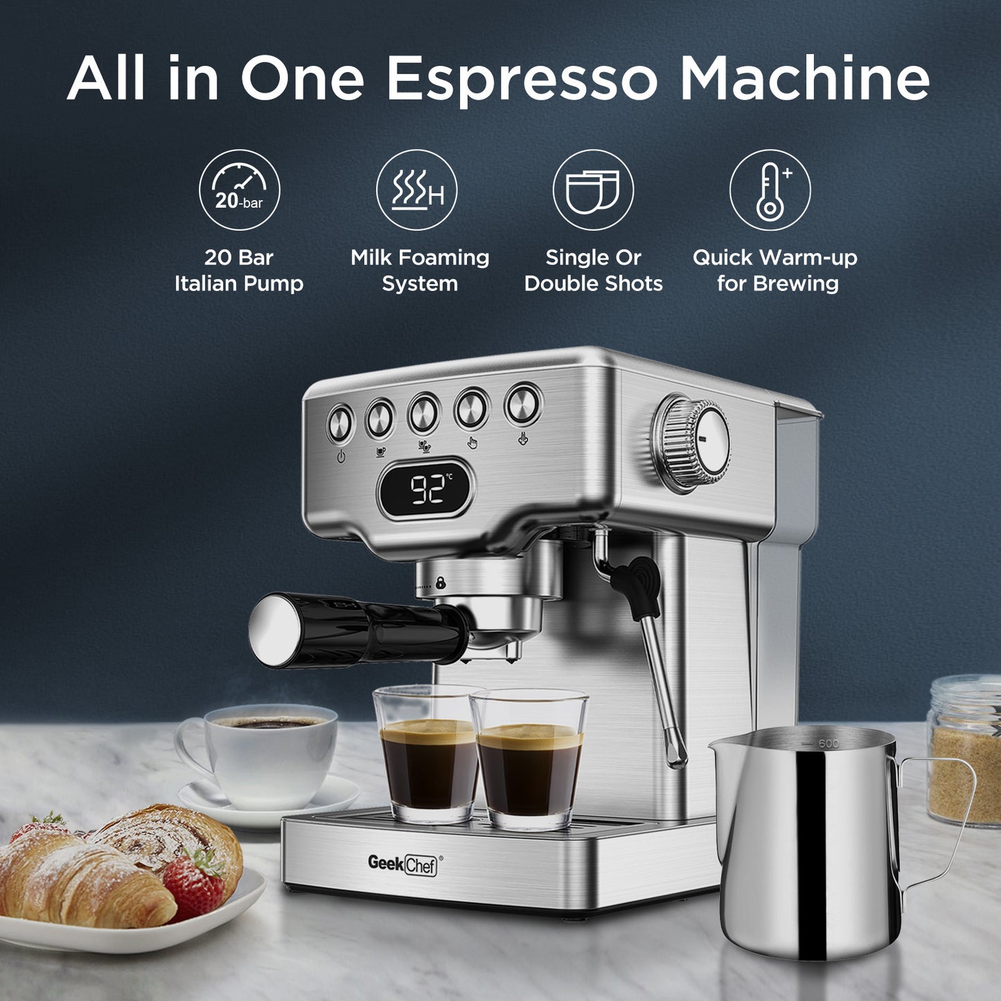 Macchina per caffè espresso Geek Chef, macchina per caffè espresso da 20 bar con montalatte per latte, cappuccino, macchiato, per macchina per caffè espresso domestica, serbatoio dell'acqua da 1,8 l, acciaio inossidabile, divieto su Amazon