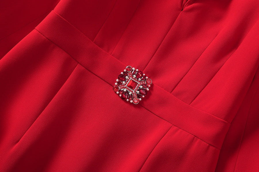 Rhinestone Waist-tight Suit Collar Red Dress