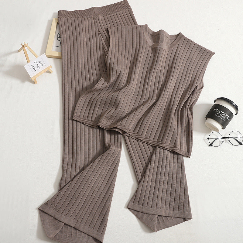 Knitting Suit Solid Color Sleeveless Vest High Waist Wide Leg Pants Two-piece Set