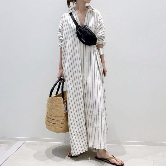 Lengthened Shirt Dress Spring And Autumn Stripes Cardigan