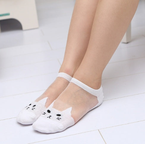 Ladies summer socks, invisible short socks, cotton bottom anti slip cartoon kitten transparent glass stockings wholesale