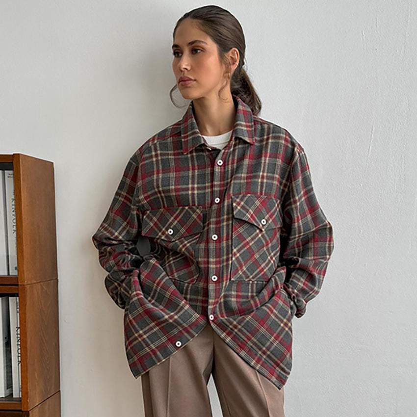 Retro Plaid Frauenhemd Minimalist Long Sleeve