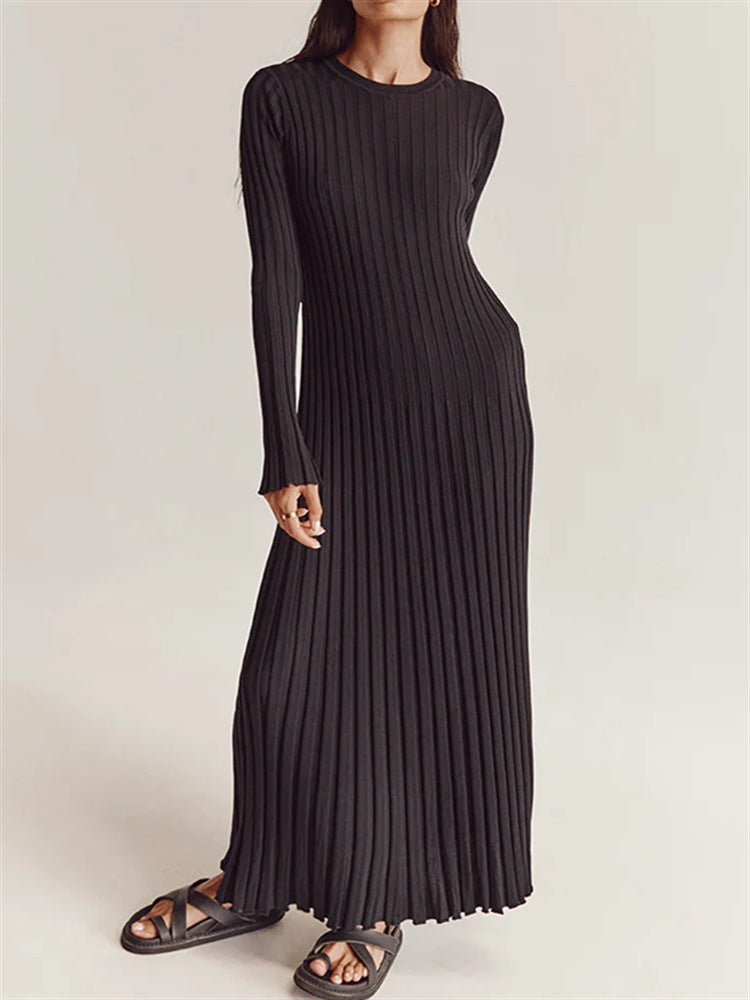 Long Sleeve Round Neck Tight Knitted Sunken Stripe Solid Color Dress