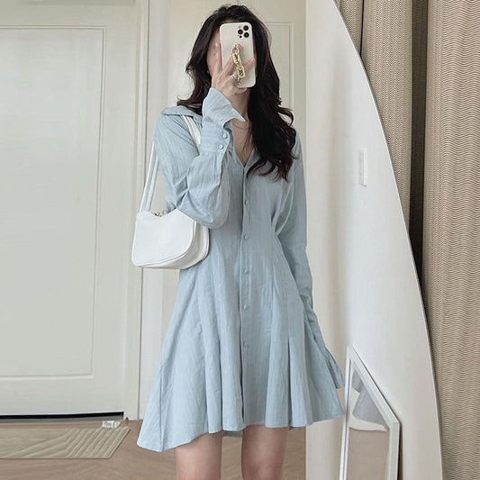 Spring Concise Lapel And Waist Tight Slimming Flared Sleeves Irregular A- Line Shirt Dress For Women