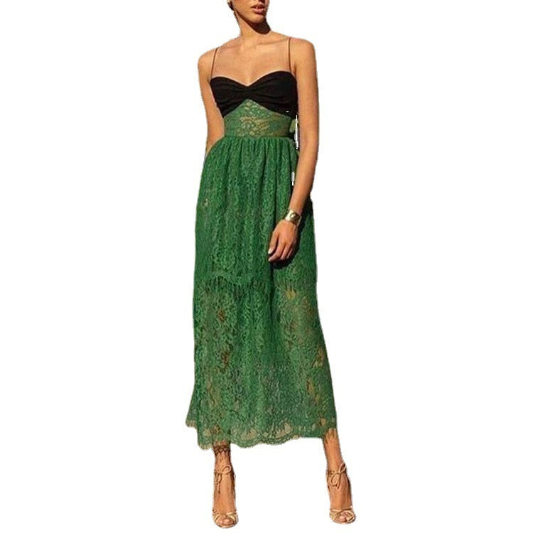 Robe Sling Sling en dentelle Green Hollow Multi-couche