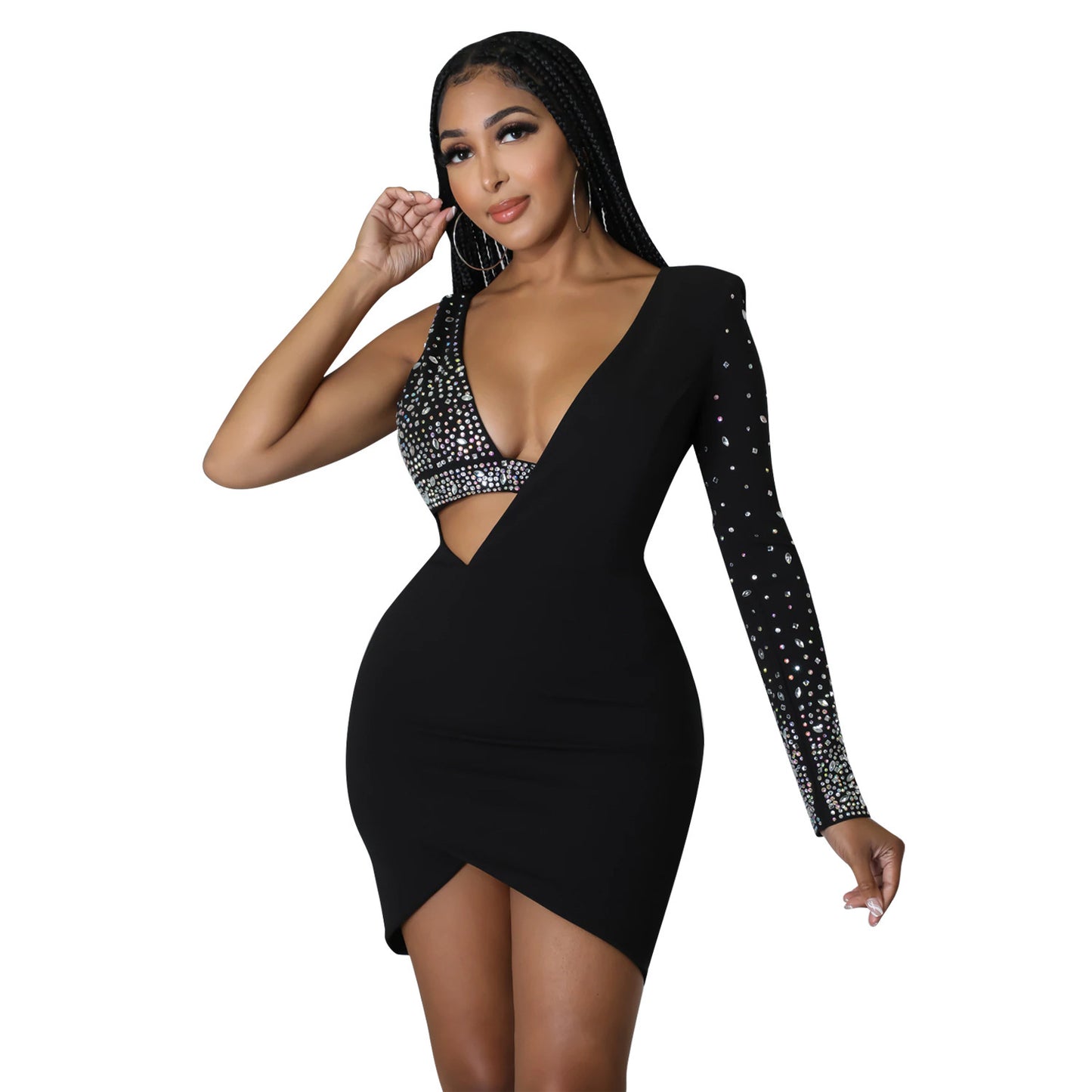 Women's Fashion Tight Rhinestone One-shoulder Dress