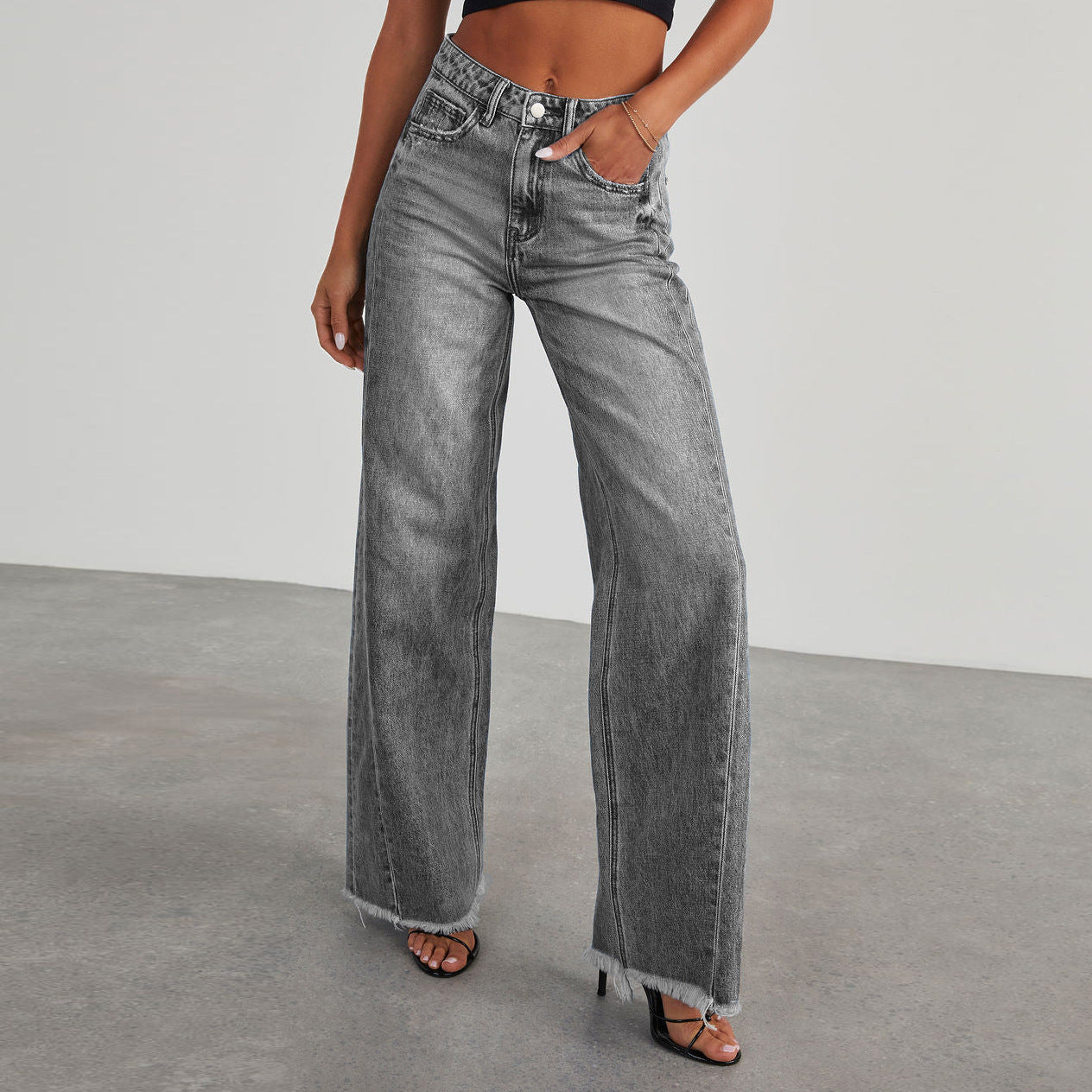 Jean à la taille haute mode avec poches confortables slim fit pantalon large à jambes larges vêtements pour femmes