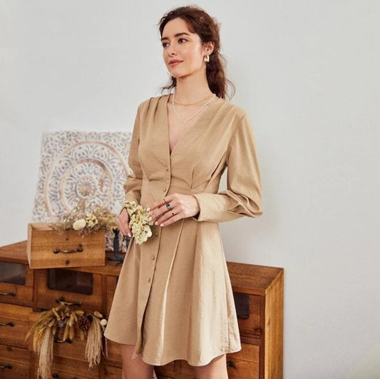 V-neck button long sleeve dress