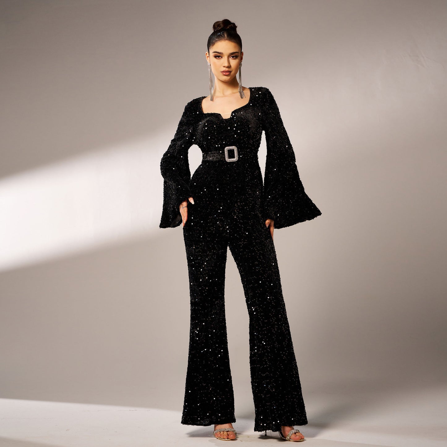 Long Sleeve Square-neck Slim-fit Sheath Banquet Sequined Jumpsuit