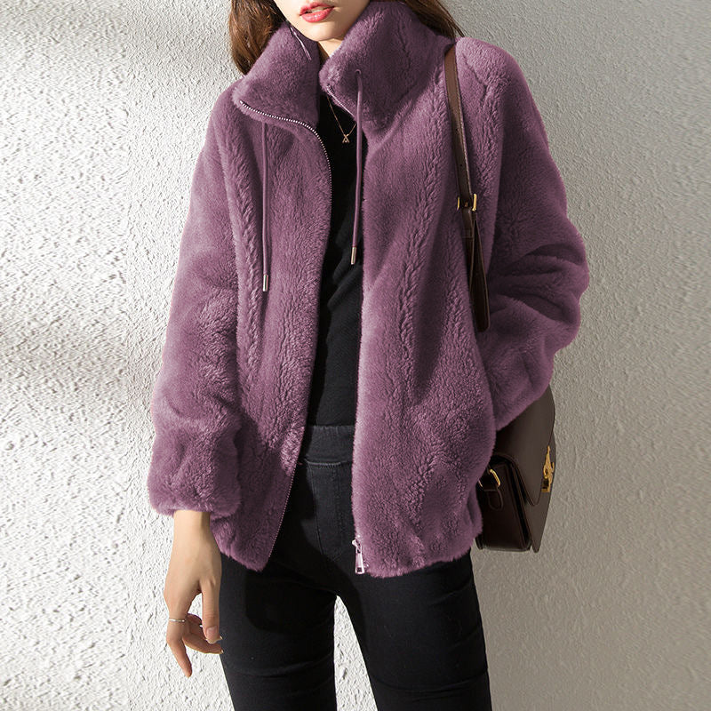 Double Faced Fleece Warm High Neck Sweater Women Cardigan