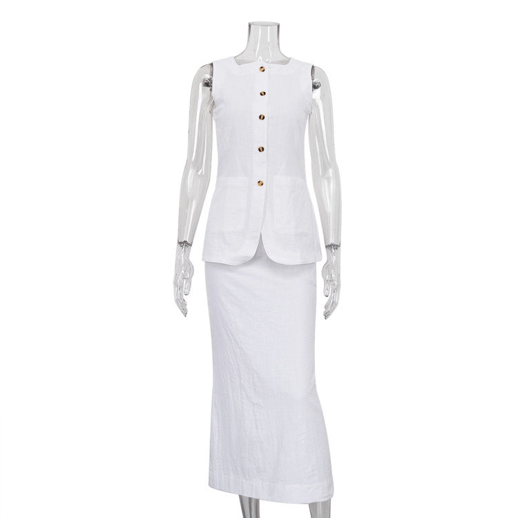 White Square-cut Collar Sleeveless Vest High Waist Skirt Suit