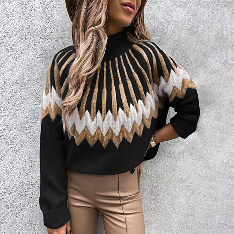 Printed Turtleneck Long Sleeve Loose Casual Knit Sweater