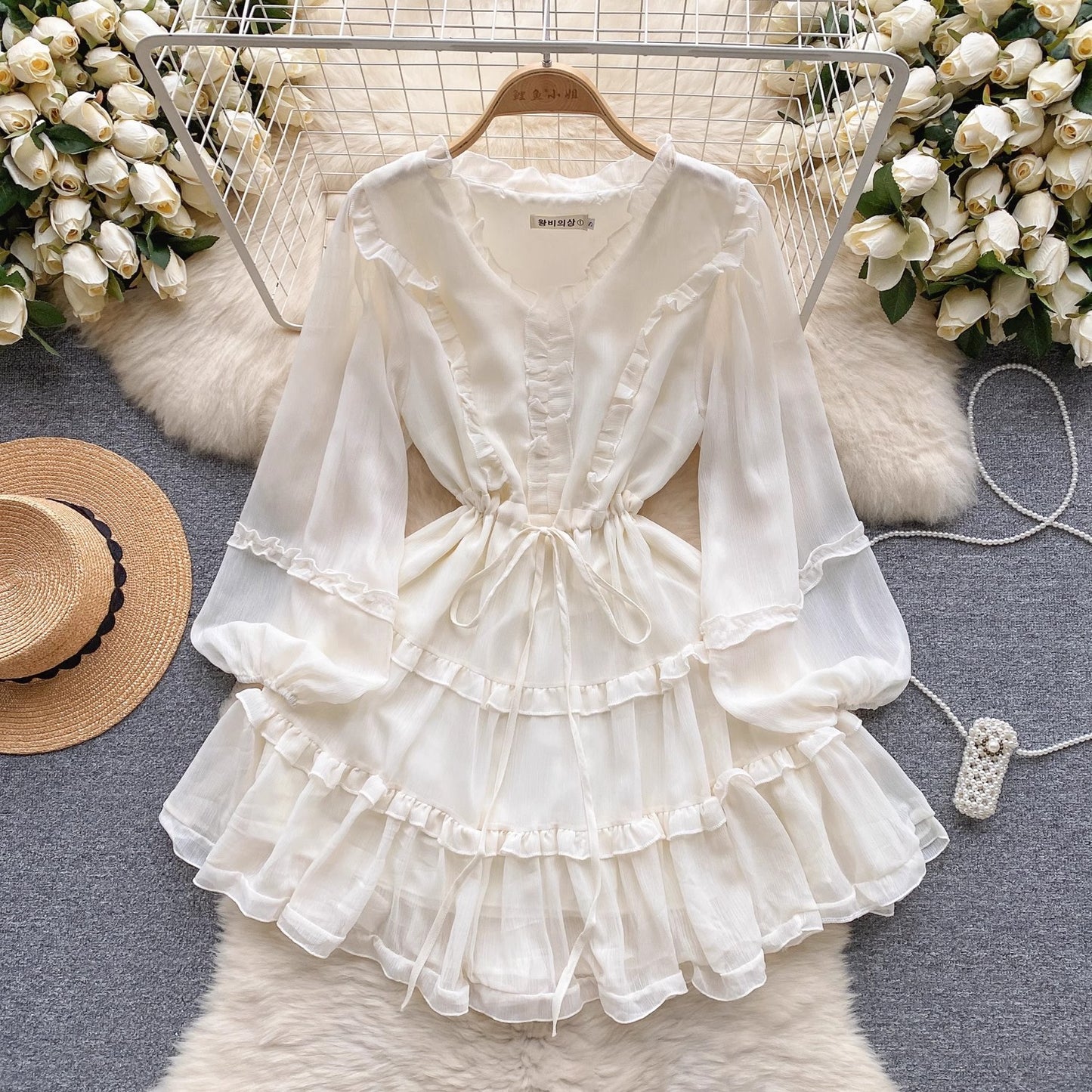 V-neck Lace-up Waist-tight Slimming Youthful-looking Puff Sleeve Dress