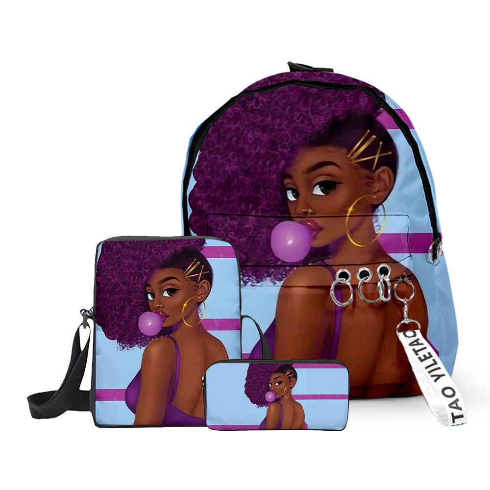 Fashion Print Girl Backpack Pen Bag Messenger Three-piece Suit