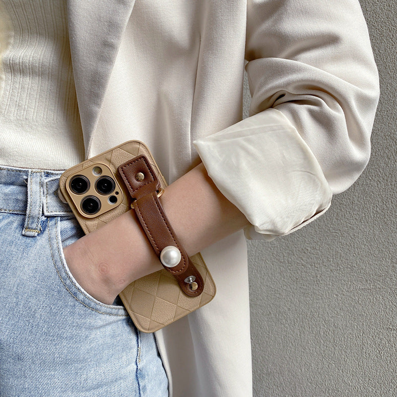 Diamond Coffee Color Pearl Wrist Strap Phone Case