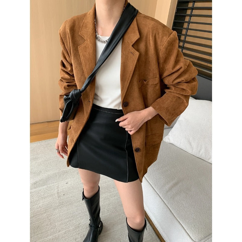 Fashionable Antique Style Artificial Suede Profile Loose Suit Jacket