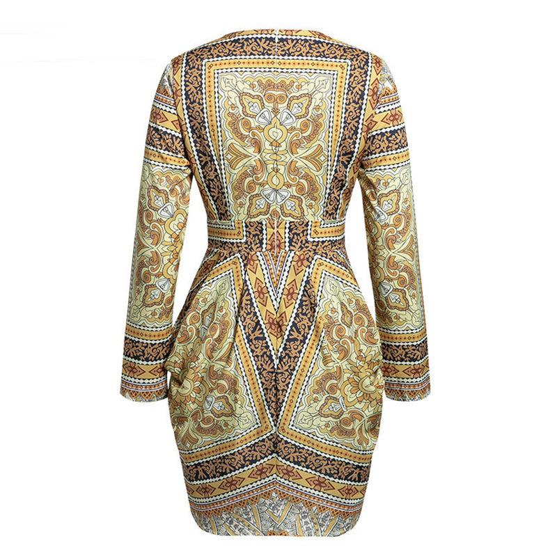 V-neck tie print long sleeve short dress