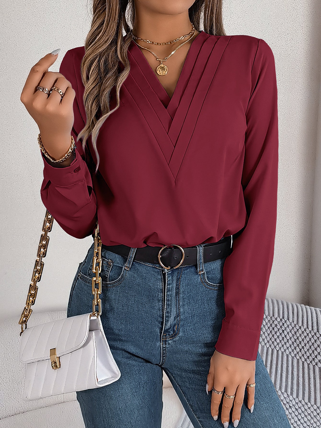 Fashion V-Neck à manches longues Shirt Elegant Commuter Blouse Solid Blouse Bureau Vêtements pour femmes