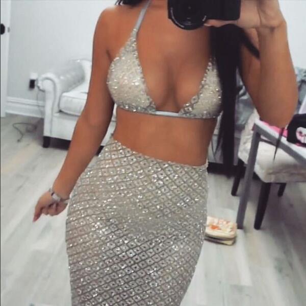 Sequin Sling Backless Nightclub Hip Skirt V-neck See-through Two-piece Set