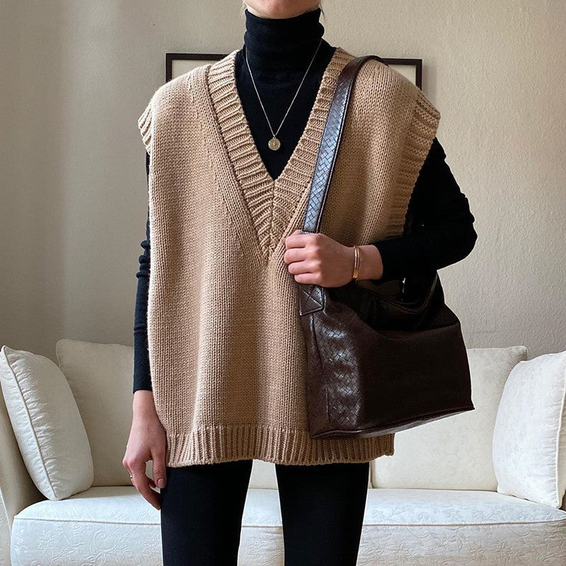 V Neck Knitted Vest Sweater Sleeveless Women Casual Pullover