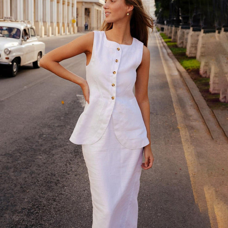 White Square-cut Collar Sleeveless Vest High Waist Skirt Suit