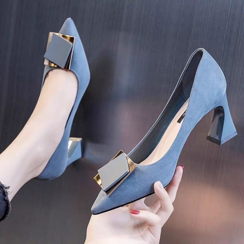 Nude Thick Heel Mid-heel Work Versatile Pointed French Temperament Women's High Heels