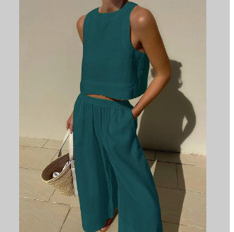 Loose Solid Color Sleeveless Shirt And Trousers Two-piece Set