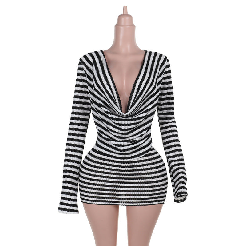 Striped Swing Collar Long Sleeve Top & Skirt Suit