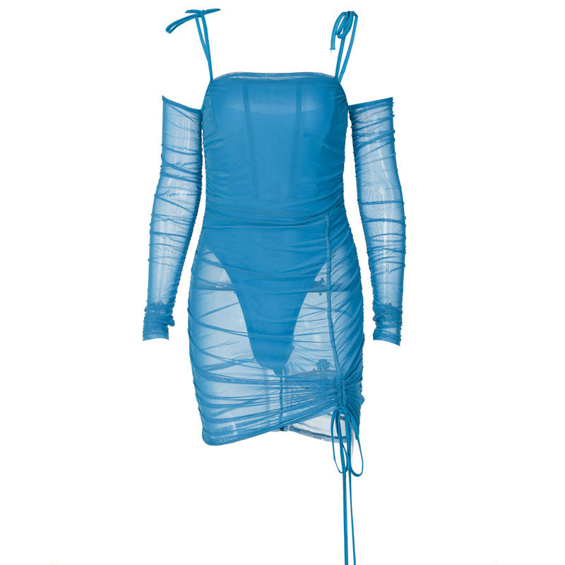 One-way Neck Mesh See-through Stitching  Suspender Dress